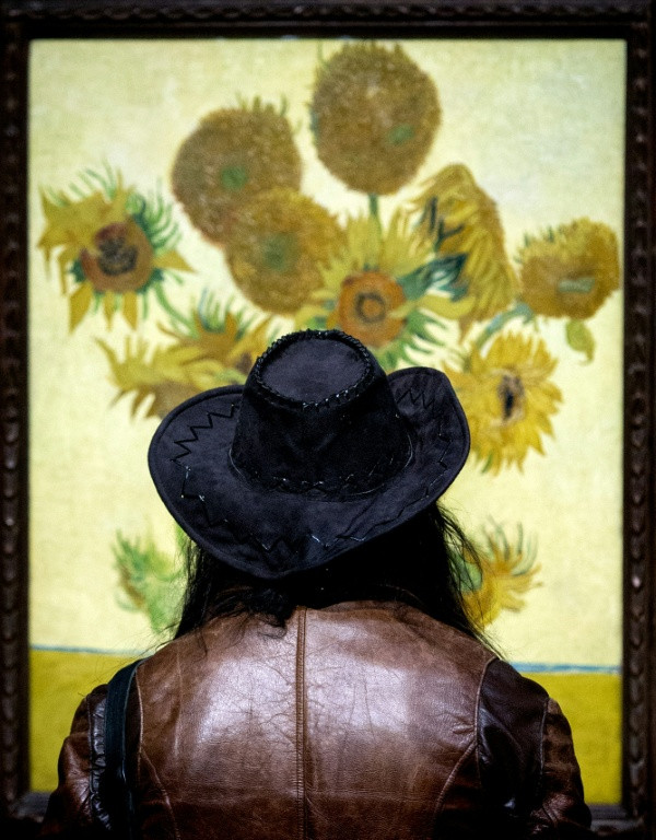 A visitor admires Van Gogh's 'The Sunflowers' at the Van Gogh Museum in Amsterdam