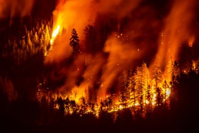 A wildfire burns on Mount Underwood near Port Alberni, on Vancouver Island, British Columbia, on August 12, 2025
