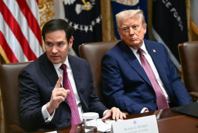 US President Donald Trump looks on as US Secretary of State Marco Rubio speaks during a cabinet meeting on August 26, 2025