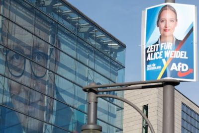 An AfD election poster in Berlin featuring Alice Weidel, the face of the far-right party and its co-leader