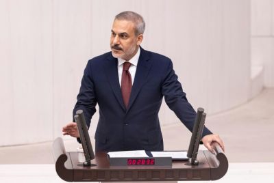 Turkish Foreign Minister Hakan Fidan addresses parliament during a special session on Gaza