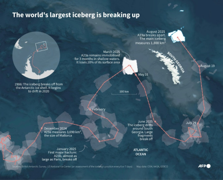 Infographic with map showing the trajectory of iceberg A23a, the largest iceberg in world, from 1986 to its breaking up at the end of August 2025 north of South Georgia island