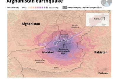 Infographic with a shake intensity map of a 6.0 magnitude earthquake which struck near the city of Jalalabad, in eastern Afghanistan, September 1, with areas undergoing satellite damage analysis