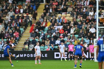 Samoa fly half Harmony Vatau kicks a penalty during their 92-3 Women's Rugby World Cup Pool A match defeat by England in Northampton