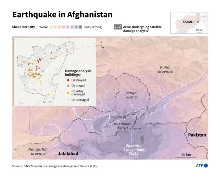 Infographic with a shake intensity map of a 6.0 magnitude earthquake which struck near the city of Jalalabad, in eastern Afghanistan, September 1, with partial satellite damage analysis