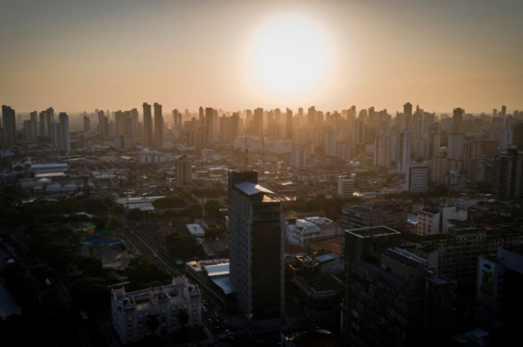 This aerial view shows buildings in downtown Belem, Brazil