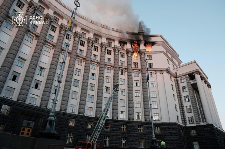 Flames at the cabinet of ministers, the seat of Ukraine's government, in Kyiv on Sunday