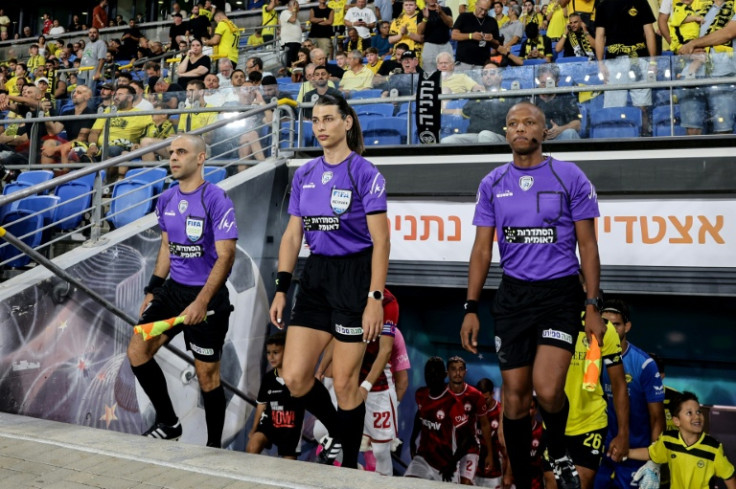 Israeli referee Sapir Berman (C) became the first transgender woman to officiate an international football match