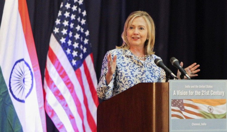 U.S. Secretary of State Clinton gives a lecture at Anna Centenary Library in Chennai