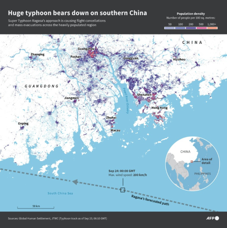 Infographic showing Super Typhoon Ragasa's approach to the heavily populated southern China region.