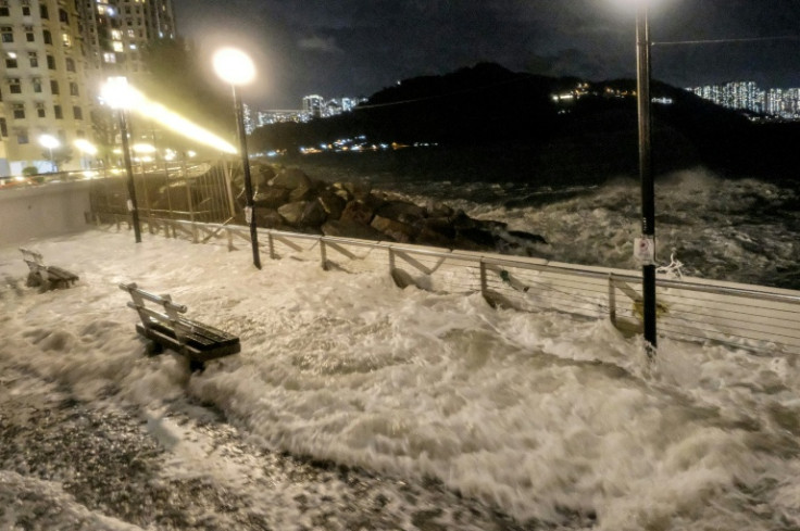 Waves crashing into the Heng Fa Chuen residential district of Hong Kong as Super Typhoon Ragasa rages