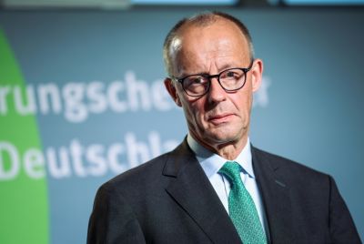 German Chancellor Friedrich Merz at Ettersburg Castle near Weimar, eastern Germany, on September 25, 2025