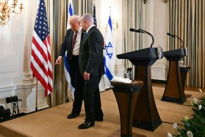 US President Donald Trump and Israeli Prime Minister Benjamin Netanyahu depart at the conclusion of a joint press conference at the White House