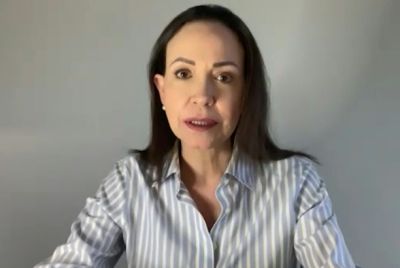 This AFPTV video grab shows Nobel Peace Prize winner and Venezuelan opposition leader Maria Corina Machado speaking during an interview with AFP via Zoom in Caracas on October 13, 2025