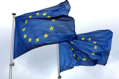 European Union flags flutter outside the EU Commission headquarters in Brussels