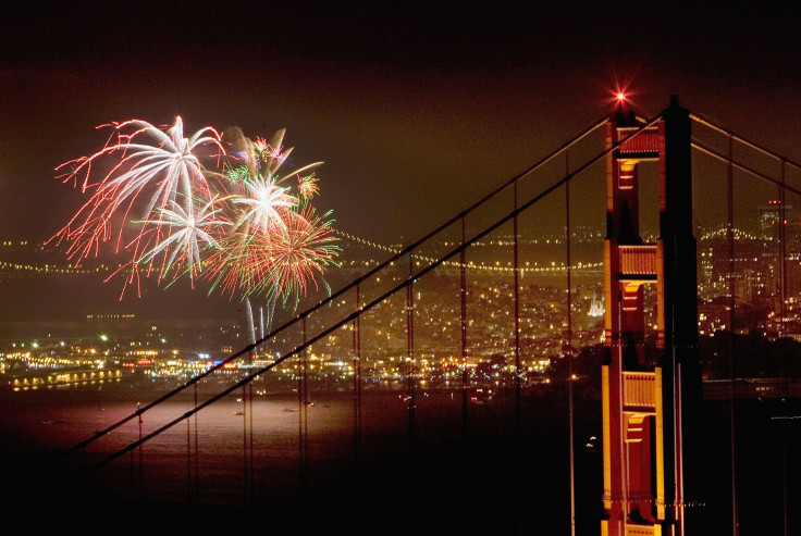 Fireworks light up the Golden Gate Bridge