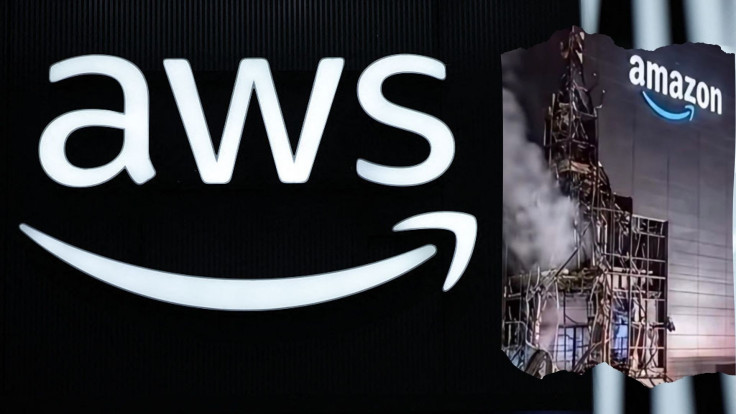 The logo of Amazon Web Services (AWS) is seen during