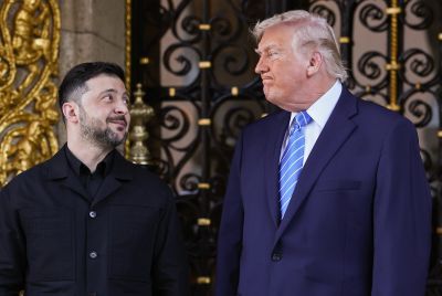 President Donald Trump greets Ukrainian President Volodymyr Zelensky