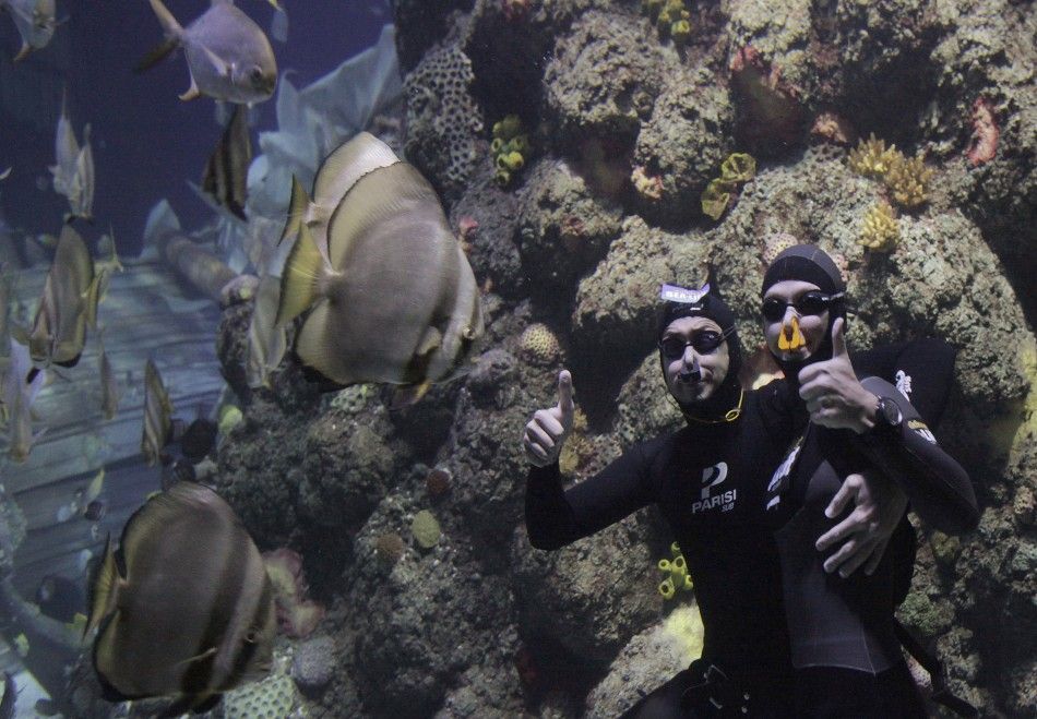 Free divers Maric and Bonin pose for a photo as they celebrate after setting the world record for the longest underwater kiss, in an oceanic tank at the Gardaland Sea Life Aquarium in Castelnuovo del Garda