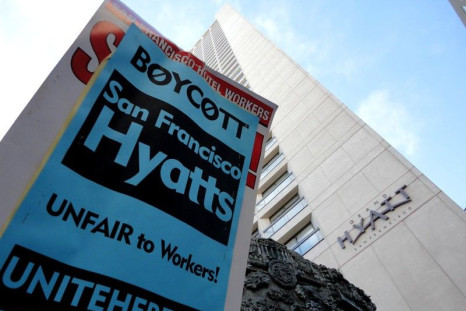 Hyatt workers protest outside Grand Hyatt Hotel in San Francisco, California, July 21, 2011