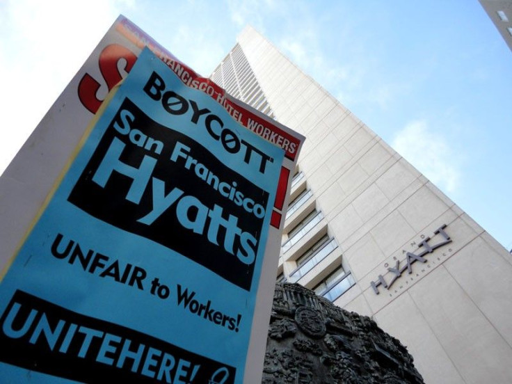 Hyatt workers protest outside Grand Hyatt Hotel in San Francisco, California, July 21, 2011