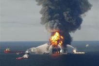 Fire boat response crews battle the blazing remnants of the off shore oil rig Deepwater Horizon, off Louisiana