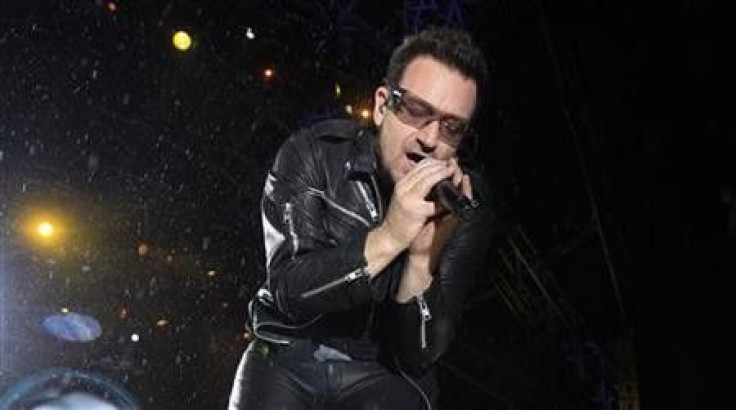 Bono, lead singer of Irish band U2, performs