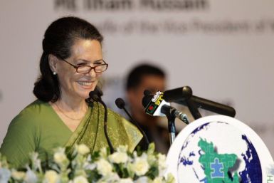 India&#039;s Congress Party chief Sonia Gandhi speaks during a conference on autism in Dhaka.