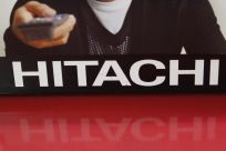 A Hitachi logo is seen at an electronics shop in Tokyo