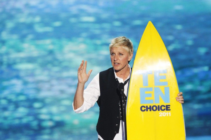 Comedian and talk show host Ellen DeGeneres speaks after receiving the Choice Comedian Award at the Teen Choice Awards at the Gibson amphitheater in Universal City, California 