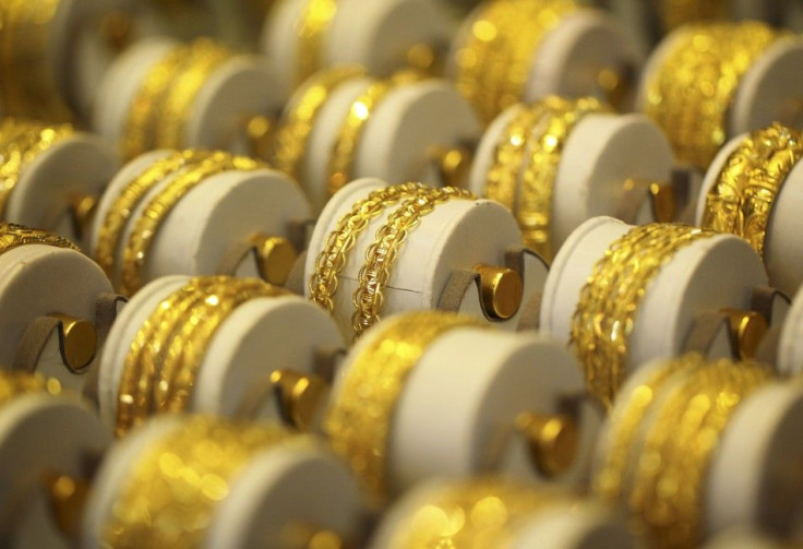 Gold jewelry is displayed in a shop in Kathmandu