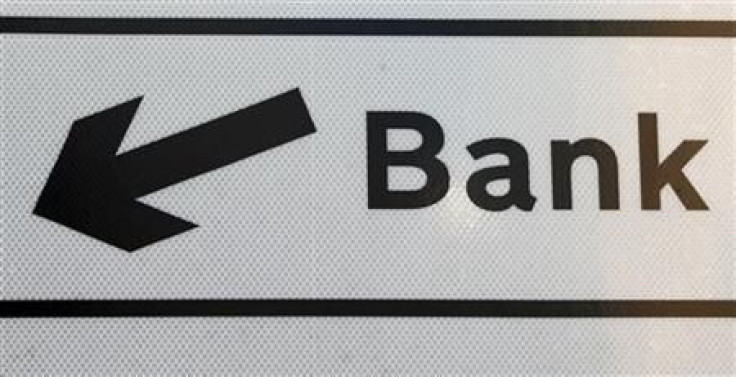 Directions to the Bank district are seen on a sign in the City of London