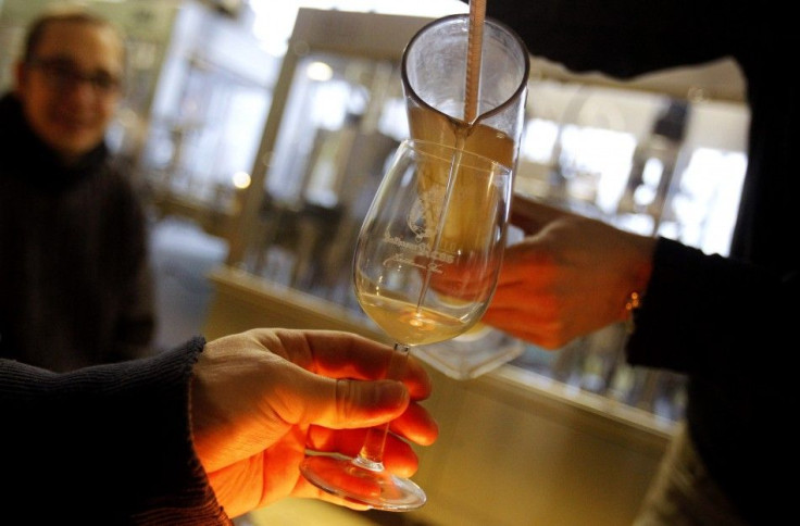 The first must from frozen grapes is presented for tasting after harvesting the rare grapes for the famous ice wine of German winemaker Balthasar Ress in Hattenheim