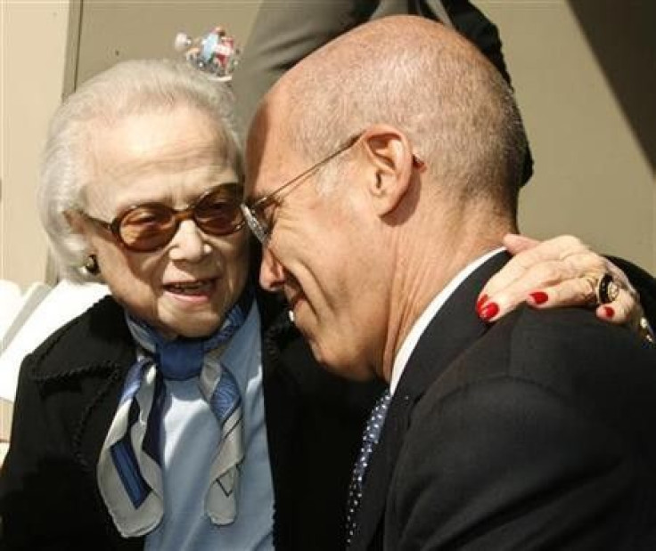 Edie Wasserman (L), widow of the late MCA/Universal head Lew Wasserman, talks to Jeffrey Katzenberg, CEO of DreamWorks Animation SKG, before ceremonies honoring her husband with a star on the Hollywood Walk of Fame in Hollywood, California