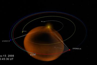 Still from video of the orbital positions and fields of view of the STEREO spacecraft during the December 2008 CME. The orange area represents the CME.