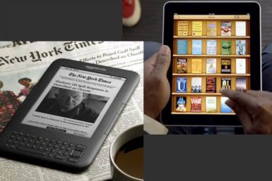 Amazon.com Inc.'s third generation Kindle (left) and Apple Inc.'s iPad