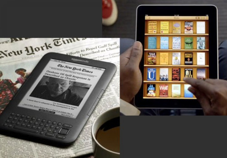 Amazon.com Inc.'s third generation Kindle (left) and Apple Inc.'s iPad