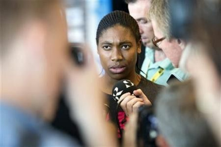 South African runner Caster Semenya talks to journalists during a news conference in Stockholm