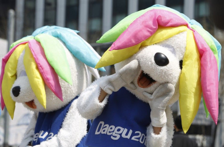 Sarbi, the official mascot of the IAAF World Championships Daegu 2011, pose for a picture during a mascot tour to promote the Championships in Seoul