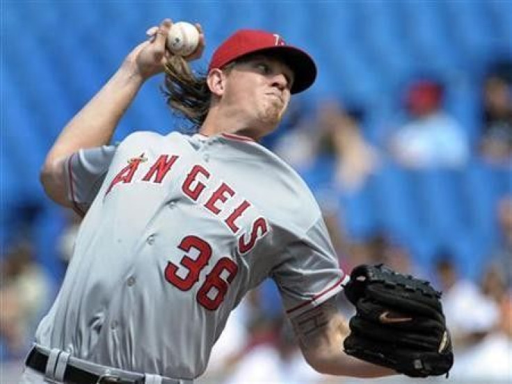 Los Angeles Angels pitcher Jered Weaver throws against the Toronto Blue Jays during the fourth inning of their MLB American League baseball game in Toronto
