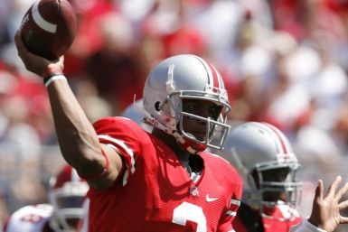 Ohio State quarterback Terrelle Pryor passes the ball to a receiver against Youngstown State during the fourth quarter of their NCAA football game in Columbus