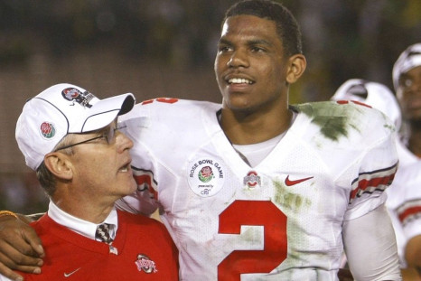 Ohio State Buckeyes head coach Jim Tressel (L) and quarterback Terrelle Pryor celebrate after beating the Oregon Ducks in the 96th Rose Bowl Game in Pasadena, California, January 1, 2010.