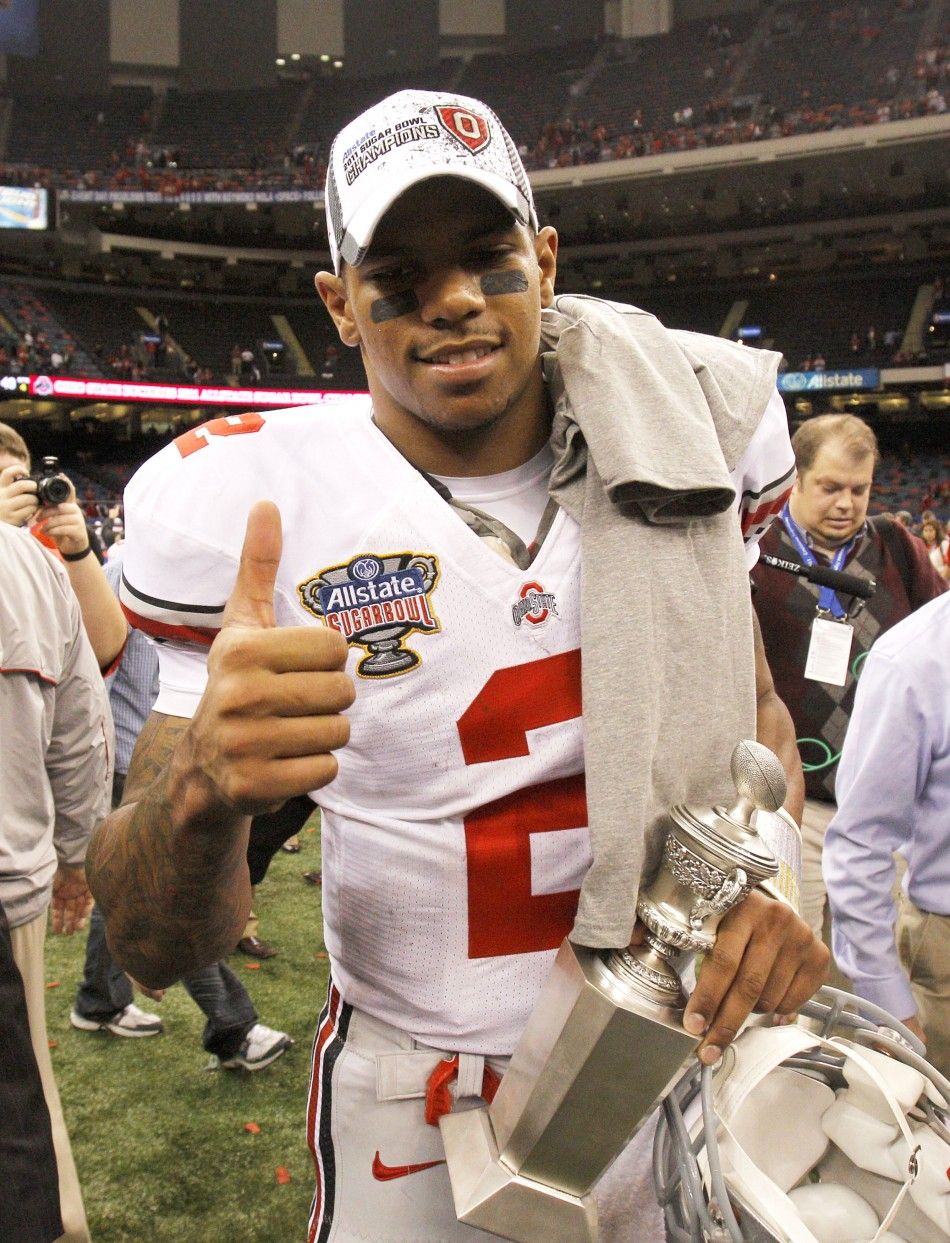 Ohio State University quarterback and MVP Terrelle Pryor 2 celebrates after his team defeated the University of Arkansas during the NCAA BCS Allstate Sugar Bowl football game in New Orleans, Louisiana January, 4, 2011.
