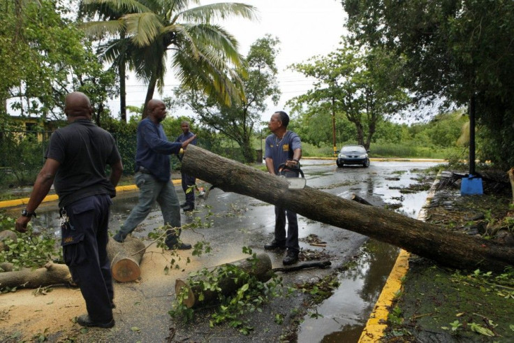 Emergencies management officials remove trees from a road after Hurricane Irene hit the municipality of Loiza