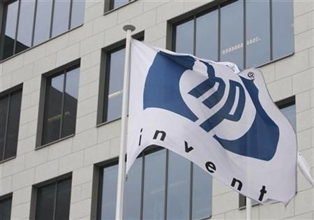 HP logo is seen outside Hewlett-Packard Belgian headquarters in Diegem