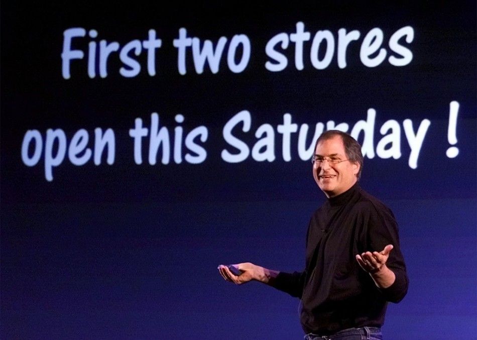 Apple CEO Steve Jobs announces the opening of Apples first retail store during a press conference at Tysons Corner in McLean, Virginia