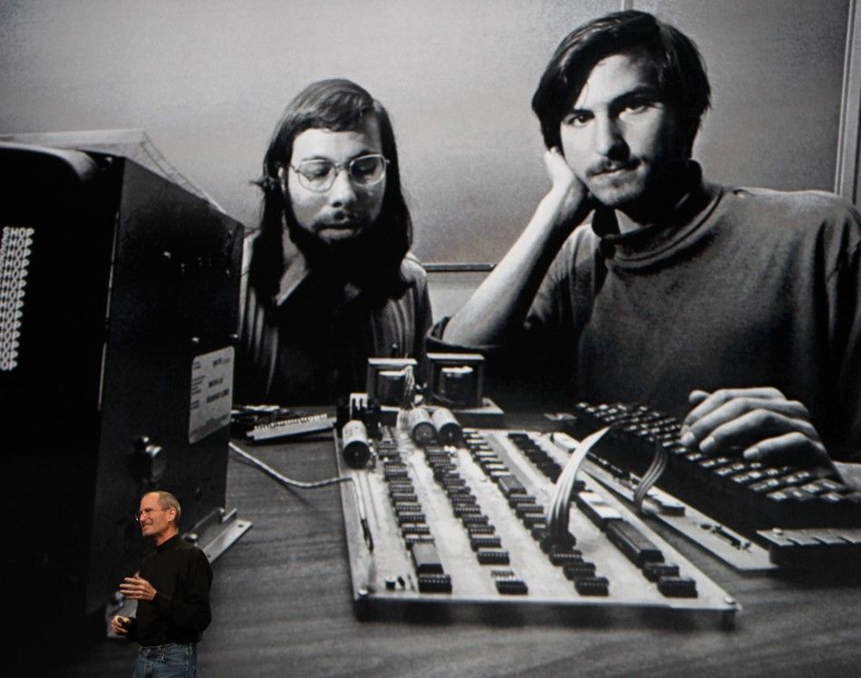 Apple Chief Executive Officer Steve Jobs stands beneath a photograph of him and Apple-co founder Steve Wozniak from the early days of Apple during the launch of Apples new quotiPadquot tablet computing device in San Francisco, California