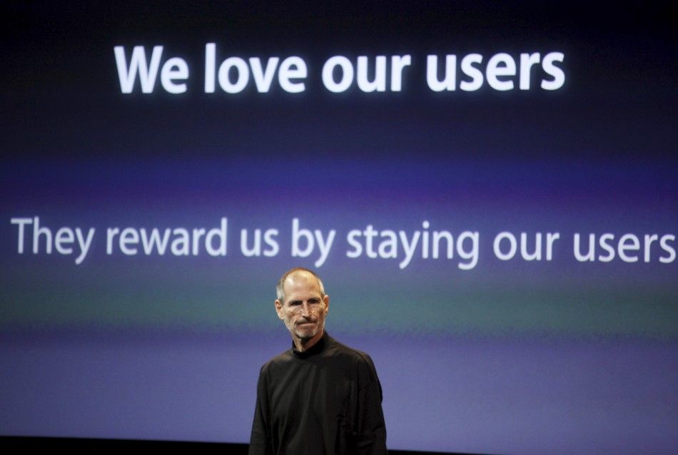 Apple CEO Steve Jobs appears on stage during a news conference at Apple headquarters in Cupertino, California