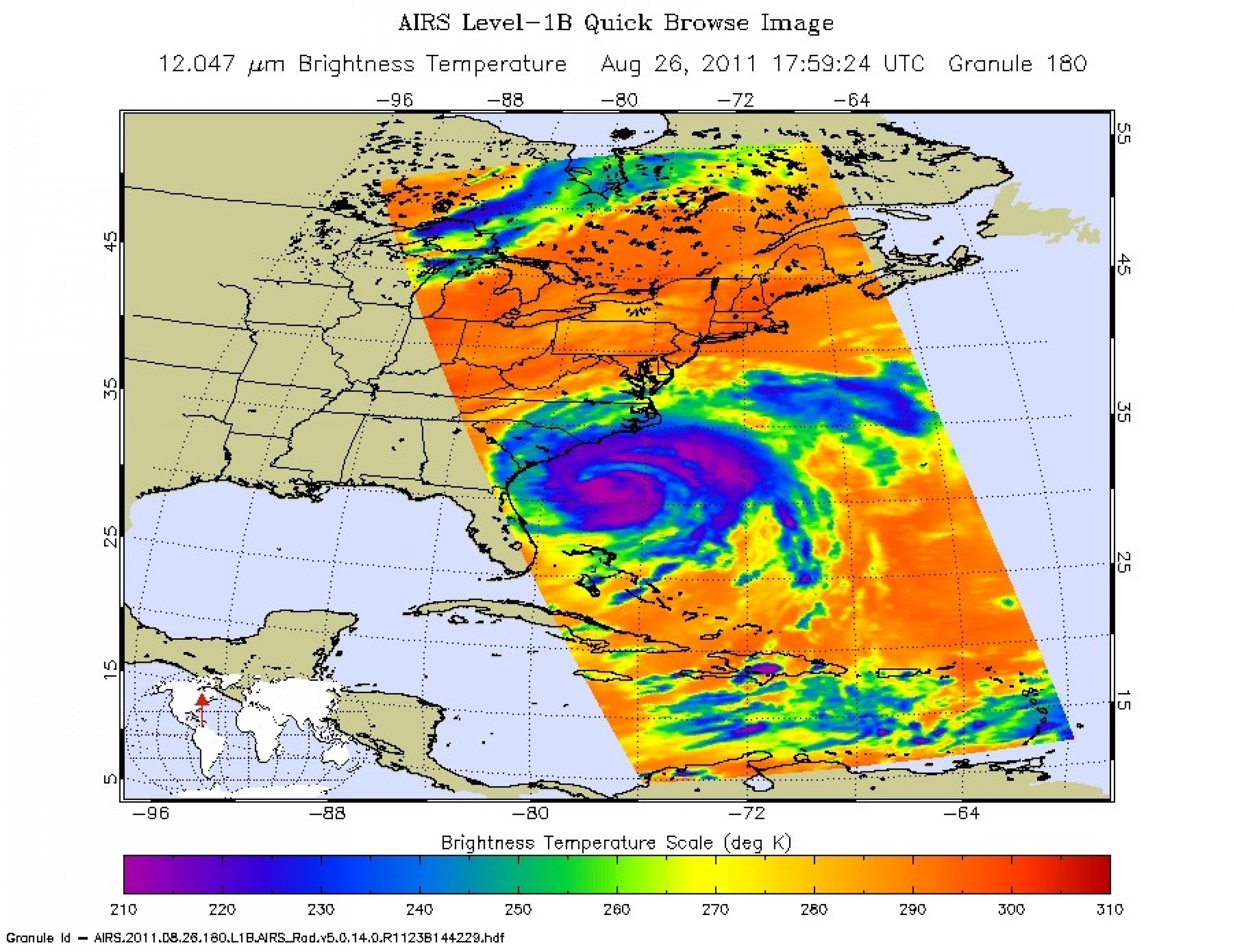 Infrared image of Hurricane Irene taken at 159 p.m. EDT 1759 UTC on Aug. 26, 2011 by the Atmospheric Infrared Sounder AIRS instrument on NASAs Aqua spacecraft. Areas colored purple represent the storms coldest cloud-top temperatures and areas of h