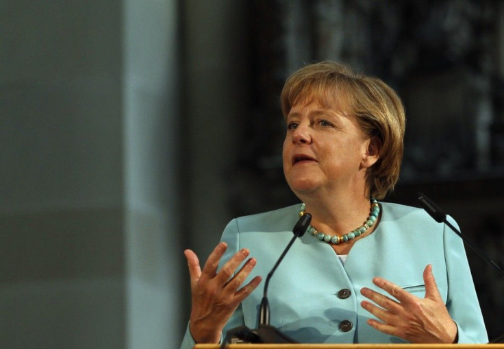 German Chancellor Angela Merkel delivers a speech after receiving the Emperor Otto Prize in the Magdeburg Cathedral in Magdeburg